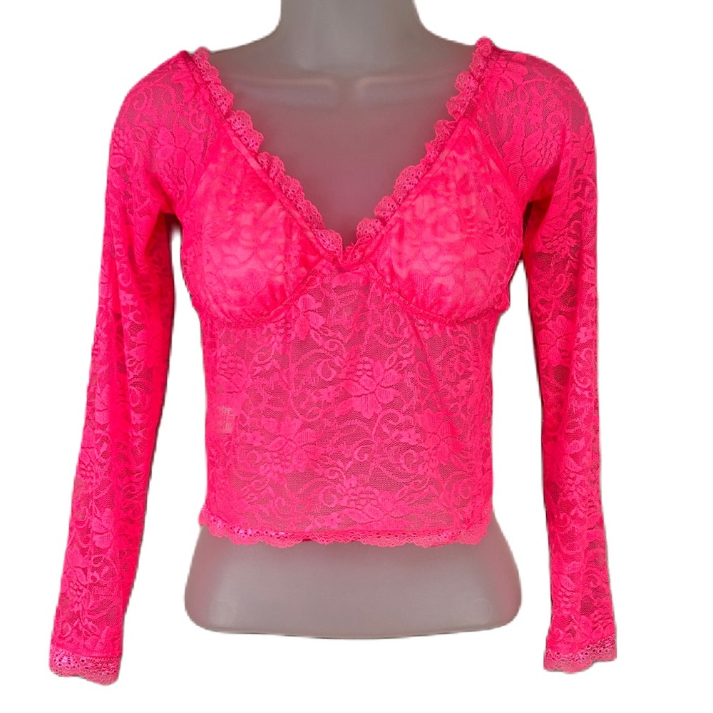 Womens Y2K Babydoll Crop Top Size M Sheer Lace Ruffle Neon Pink Fairy Coquette